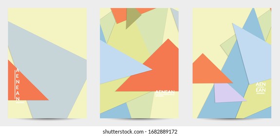 Abstract flyer template with paper cut overlapping geometric shapes. Top view of retro colored vector background objects. Flat lay material design. Artistic geometric pattern. Vector illustration. 
