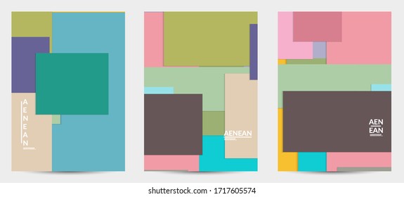 Abstract flyer template with paper cut overlapping geometric shapes. Top view of retro colored vector background objects. Flat lay material design. Artistic geometric pattern. Vector illustration. 