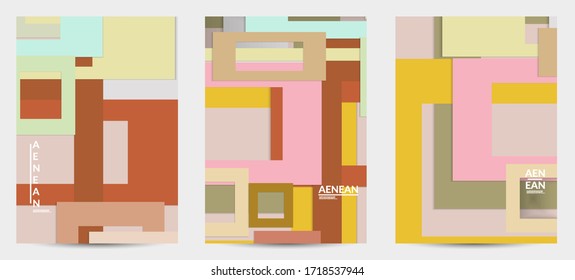 Abstract flyer template with paper cut overlapping geometric shapes. Top view of retro colored vector background objects. Flat lay material design. Artistic geometric pattern. Vector illustration. 