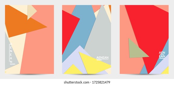 Abstract flyer template with paper cut overlapping geometric shapes. Top view of retro colored vector background objects. Flat lay material design. Artistic geometric pattern. Vector illustration. 