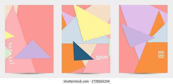 Abstract flyer template with paper cut overlapping geometric shapes. Top view of retro colored vector background objects. Flat lay material design. Artistic geometric pattern. Vector illustration. 