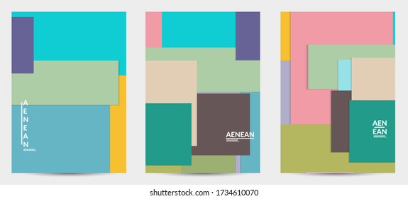Abstract flyer template with paper cut overlapping geometric shapes. Top view of retro colored vector background objects. Flat lay material design. Artistic geometric pattern. Vector illustration. 