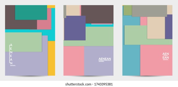 Abstract flyer template with paper cut overlapping geometric shapes. Top view of retro colored vector background objects. Flat lay material design. Artistic geometric pattern. Vector illustration. 