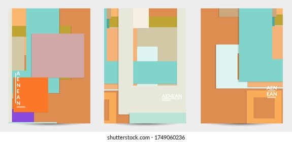 Abstract flyer template with paper cut overlapping geometric shapes. Top view of retro colored vector background objects. Flat lay material design. Artistic geometric pattern. Vector illustration. 