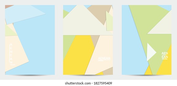 Abstract flyer template with paper cut overlapping geometric shapes. Top view of retro colored vector background objects. Flat lay material design. Artistic geometric pattern. Vector illustration. 