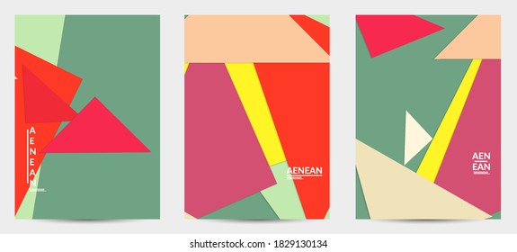 Abstract flyer template with paper cut overlapping geometric shapes. Top view of retro colored vector background objects. Flat lay material design. Artistic geometric pattern. Vector illustration. 