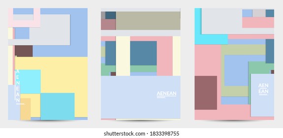 Abstract flyer template with paper cut overlapping geometric shapes. Top view of retro colored vector background objects. Flat lay material design. Artistic geometric pattern. Vector illustration. 