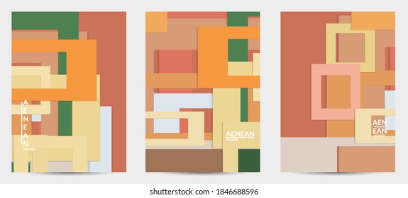 Abstract flyer template with paper cut overlapping geometric shapes. Top view of retro colored vector background objects. Flat lay material design. Artistic geometric pattern. Vector illustration. 