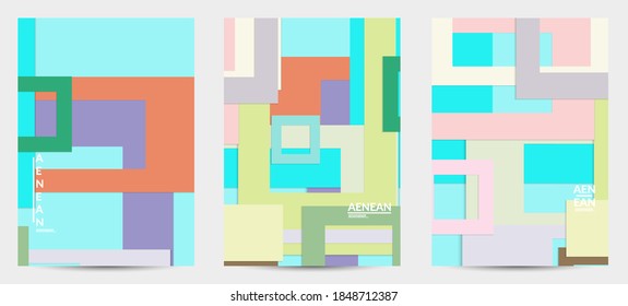Abstract flyer template with paper cut overlapping geometric shapes. Top view of retro colored vector background objects. Flat lay material design. Artistic geometric pattern. Vector illustration. 