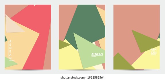 Abstract flyer template with paper cut overlapping geometric shapes. Top view of retro colored vector background objects. Flat lay material design. Artistic geometric pattern. Vector illustration. 