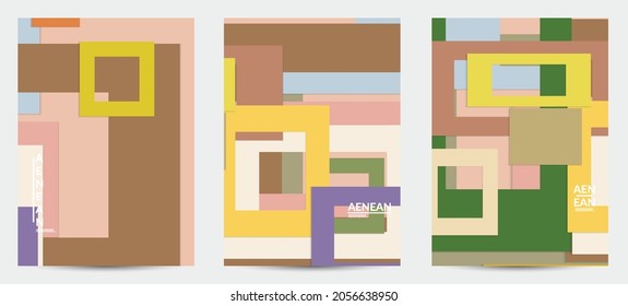 Abstract flyer template with paper cut overlapping geometric shapes. Top view of retro colored vector background objects. Flat lay material design. Artistic geometric pattern. Vector illustration. 