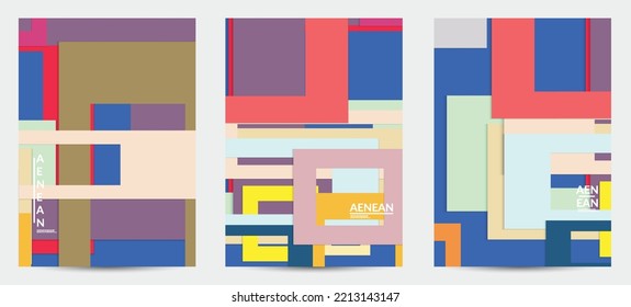 Abstract flyer template with paper cut overlapping geometric shapes. Top view of retro colored vector background objects. Flat lay material design. Artistic geometric pattern. Vector illustration. 