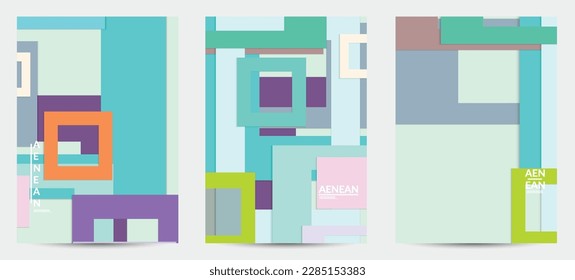 Abstract flyer template with paper cut overlapping geometric shapes. Top view of retro colored vector background objects. Flat lay material design. Artistic geometric pattern. Vector illustration. 