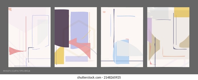 Abstract flyer template with rough hand drawn geometric shapes and lines. Contemporary minimal composition. Modern art design. Pastel light color background. Grange textured simple geometry.