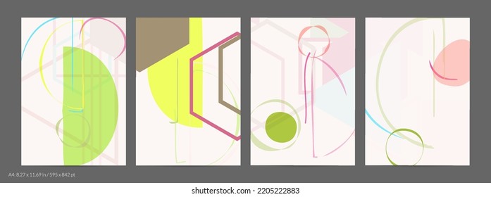 Abstract flyer template with rough hand drawn geometric shapes and lines. Contemporary minimal composition. Modern art design. Pastel light color background. Grange textured simple geometry.