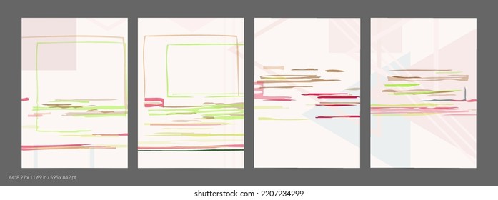Abstract flyer template with rough hand drawn geometric shapes and lines. Contemporary minimal composition. Modern art design. Pastel light color background. Grange textured simple geometry.