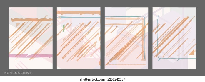 Abstract flyer template with rough hand drawn geometric shapes and lines. Contemporary minimal composition. Modern art design. Pastel light color background. Grange textured simple geometry.