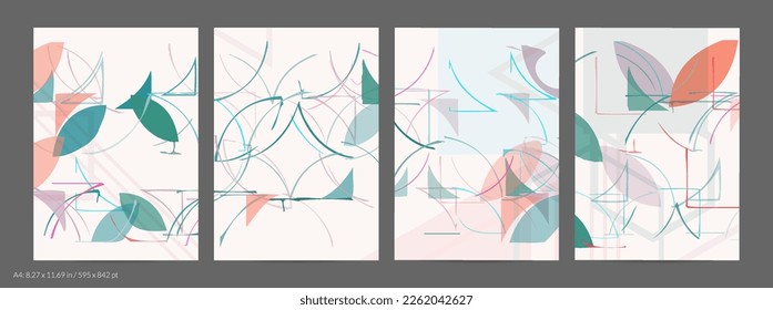 Plantilla de volante abstracta con líneas y formas geométricas dibujadas a mano. Composición mínima contemporánea. Diseño de arte moderno. Fondo de color claro Pastel. Geometría simple texturada de rango.