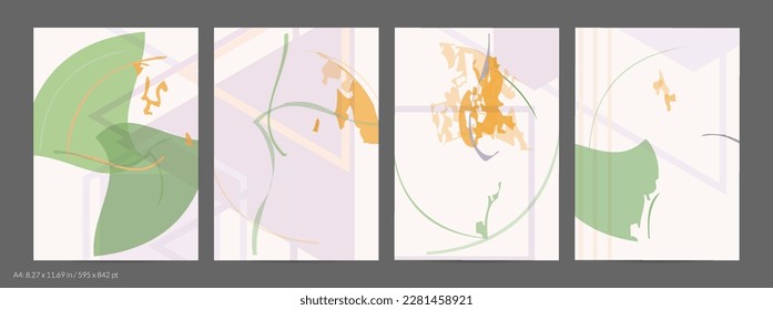 Plantilla de volante abstracta con líneas y formas geométricas dibujadas a mano. Composición mínima contemporánea. Diseño de arte moderno. Fondo de color claro Pastel. Geometría simple texturada de rango.