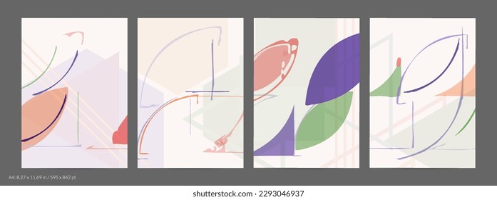 Abstrakte Flyer-Vorlage mit groben handgezeichneten geometrischen Formen und Linien. Zeitgenössische minimale Zusammensetzung. Modernes Kunstdesign. Pastellfarbener Hintergrund. Grange strukturierte einfache Geometrie.