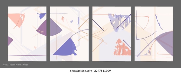 Abstract flyer template with rough hand drawn geometric shapes and lines. Contemporary minimal composition. Modern art design. Pastel light color background. Grange textured simple geometry.