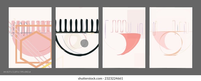 Abstract flyer template with rough hand drawn geometric shapes and lines. Contemporary minimal composition. Modern art design. Pastel light color background. Grange textured simple geometry.