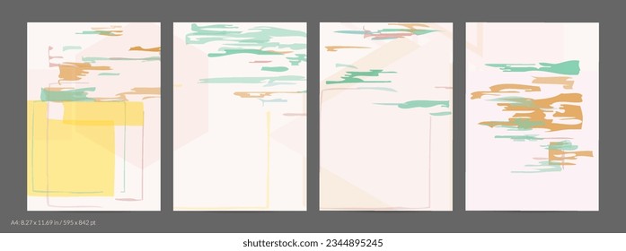 Abstract flyer template with rough hand drawn geometric shapes and lines. Contemporary minimal composition. Modern art design. Pastel light color background. Grange textured simple geometry.