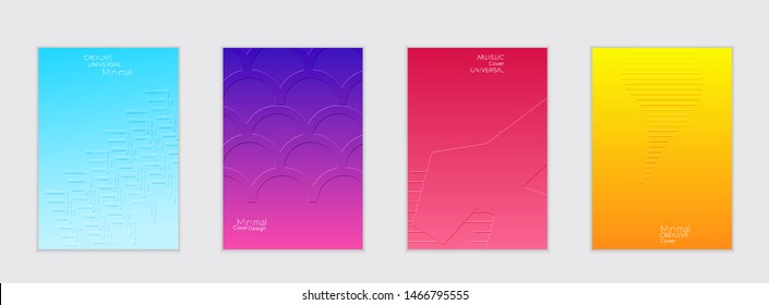 Abstract flyer templates with bright gradient and simple geometric shapes. Minimalist design with embossed effect.
