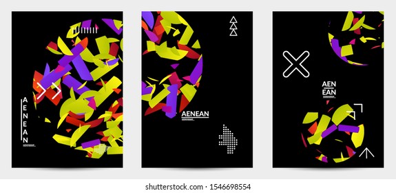 Abstract flyer templates with circle filled with bright colored stripes on black. Dynamic modern design with geometric shapes. Simple colorful futuristic elements.