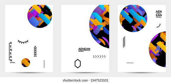 Abstract flyer templates with circle filled with bright colored stripes on white. Dynamic modern design with geometric shapes. Simple colorful futuristic elements.