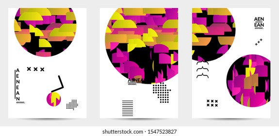 Abstract flyer templates with circle filled with bright colored stripes on white. Dynamic modern design with geometric shapes. Simple colorful futuristic elements.