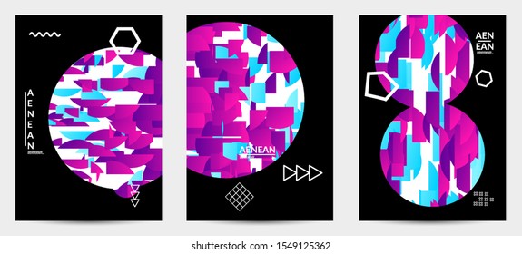 Abstract flyer templates with circle filled with bright colored stripes on black. Dynamic modern design with geometric shapes. Simple colorful futuristic elements.