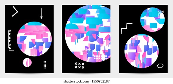 Abstract flyer templates with circle filled with bright colored stripes on black. Dynamic modern design with geometric shapes. Simple colorful futuristic elements.
