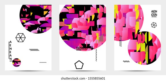 Abstract flyer templates with circle filled with bright colored stripes on white. Dynamic modern design with geometric shapes. Simple colorful futuristic elements.