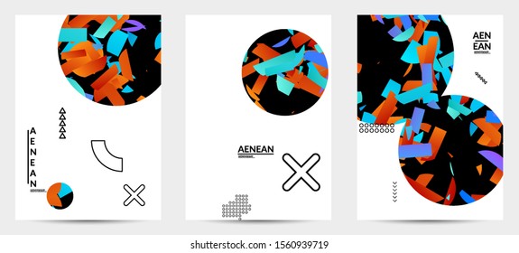 Abstract flyer templates with circle filled with bright colored stripes on white. Dynamic modern design with geometric shapes. Simple colorful futuristic elements.