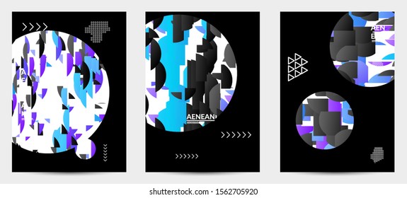 Abstract flyer templates with circle filled with bright colored stripes on black. Dynamic modern design with geometric shapes. Simple colorful futuristic elements.
