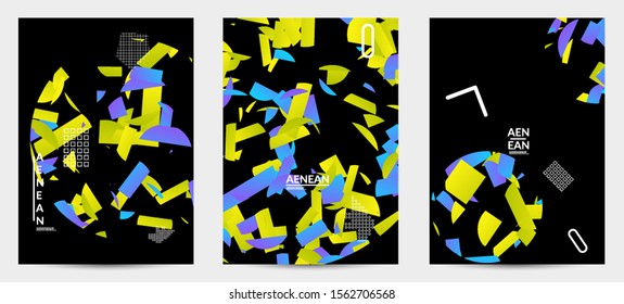 Abstract flyer templates with circle filled with bright colored stripes on black. Dynamic modern design with geometric shapes. Simple colorful futuristic elements.