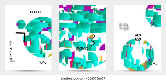 Abstract flyer templates with circle filled with bright colored stripes on white. Dynamic modern design with geometric shapes. Simple colorful futuristic elements.