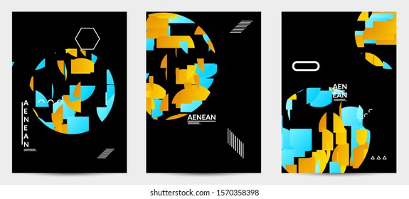 Abstract flyer templates with circle filled with bright colored stripes on black. Dynamic modern design with geometric shapes. Simple colorful futuristic elements.