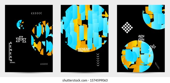 Abstract flyer templates with circle filled with bright colored stripes on black. Dynamic modern design with geometric shapes. Simple colorful futuristic elements.