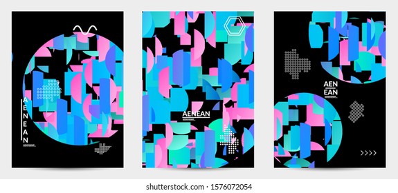 Abstract flyer templates with circle filled with bright colored stripes on black. Dynamic modern design with geometric shapes. Simple colorful futuristic elements.