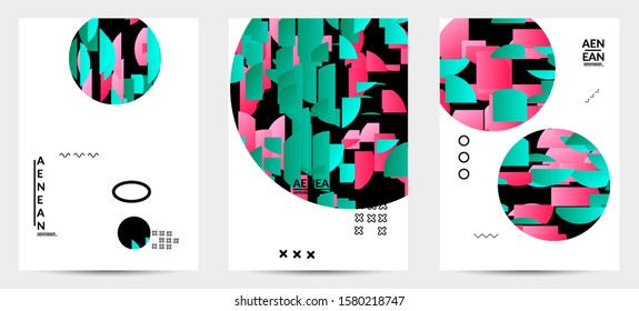 Abstract flyer templates with circle filled with bright colored stripes on white. Dynamic modern design with geometric shapes. Simple colorful futuristic elements.