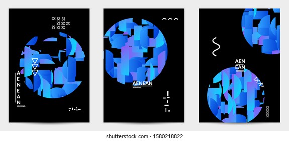 Abstract flyer templates with circle filled with bright colored stripes on black. Dynamic modern design with geometric shapes. Simple colorful futuristic elements.