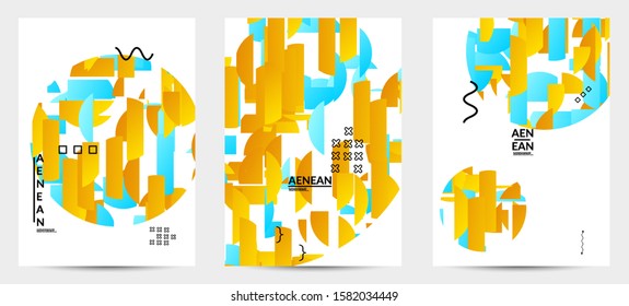 Abstract flyer templates with circle filled with bright colored stripes on white. Dynamic modern design with geometric shapes. Simple colorful futuristic elements.