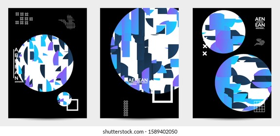 Abstract flyer templates with circle filled with bright colored stripes on black. Dynamic modern design with geometric shapes. Simple colorful futuristic elements.