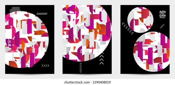 Abstract flyer templates with circle filled with bright colored stripes on black. Dynamic modern design with geometric shapes. Simple colorful futuristic elements.