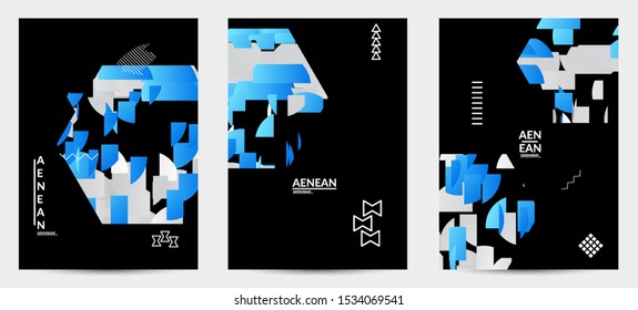 Abstract flyer templates with hexagon filled with bright colored stripes on black. Dynamic modern design with geometric shapes. Simple colorful futuristic elements.