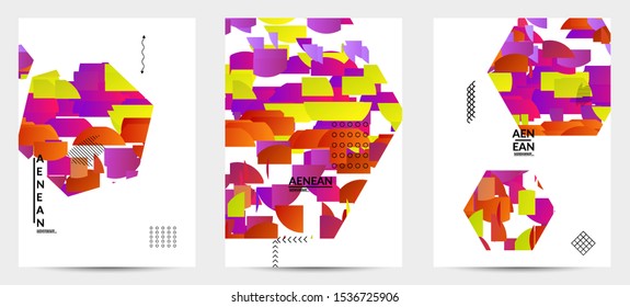 Abstract flyer templates with hexagon filled with bright colored stripes on black. Dynamic modern design with geometric shapes. Simple colorful futuristic elements.