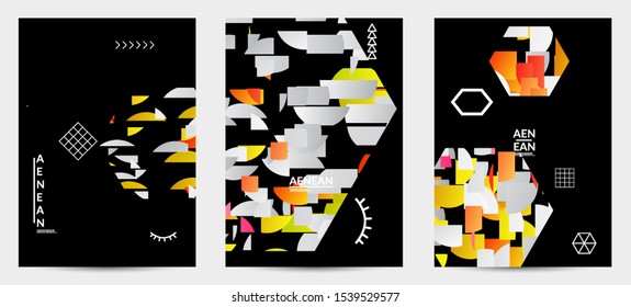 Abstract flyer templates with hexagon filled with bright colored stripes on black. Dynamic modern design with geometric shapes. Simple colorful futuristic elements.
