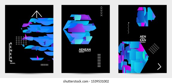 Abstract flyer templates with hexagon filled with bright colored stripes on black. Dynamic modern design with geometric shapes. Simple colorful futuristic elements.